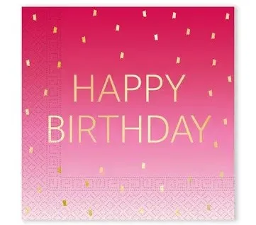 Ροζ Χαρτοπετσέτες με χρυσό Happy Birthday (20 τεμ)