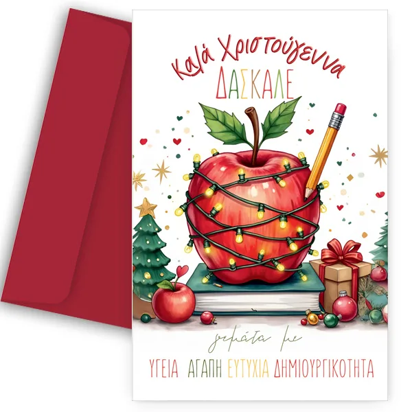 Ευχετήρια Χριστουγεννιάτικη Κάρτα για Δάσκαλο - "Μήλο με Στολίδια"