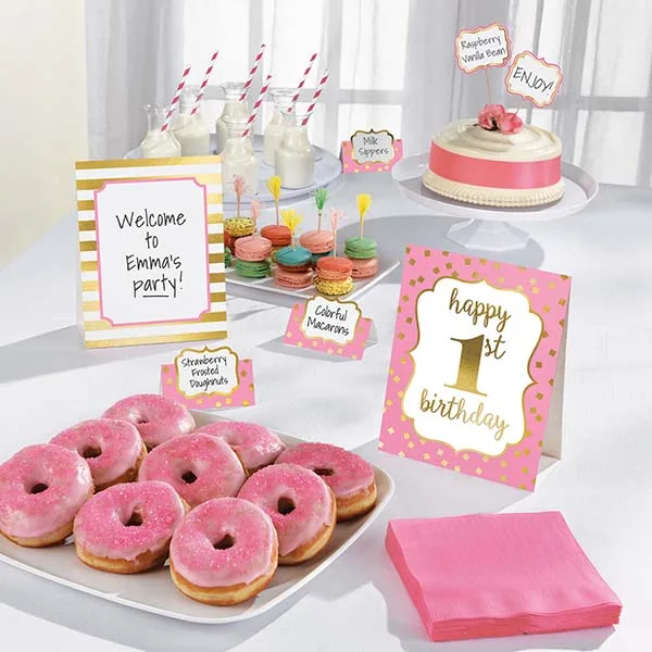 Σετ διακόσμησης μπουφέ 1st Birthday ροζ (12 τεμ)