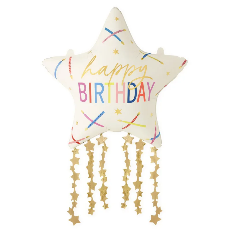 33" Μπαλόνι Αστέρι Κρεμ με Streamers - Happy Birthday