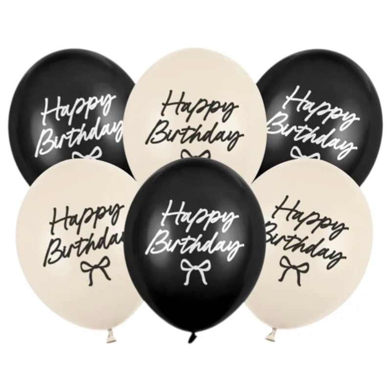 Μπαλόνια Happy Birthday με φιογκάκια Μαύρα &amp; Nude (6 τεμ)