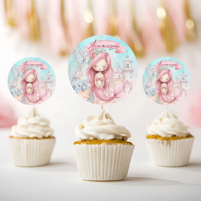 Topper Cupcake - Ροζ Γοργόνα (6 τεμ)