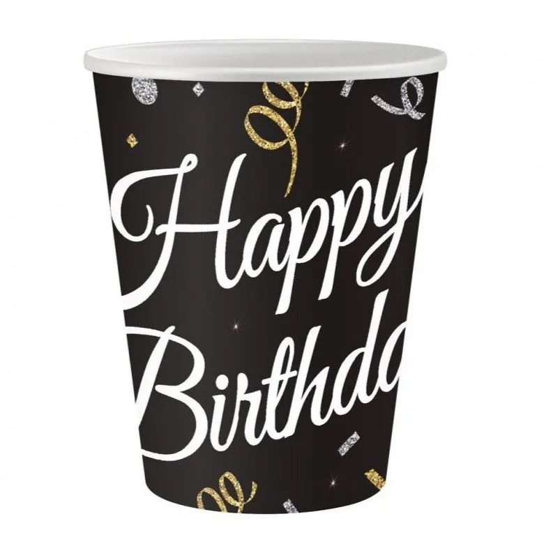 Μαύρα χάρτινα Ποτήρια - Happy Birthday (6 τεμ)