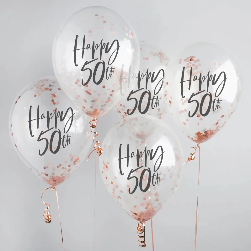 Διάφανα Μπαλόνια 'Happy 50th' με rosegold κομφετί (5 τεμ)