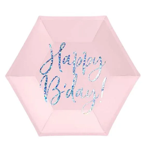Πιάτα πάρτυ απαλό ροζ "Happy Birthday" (6 τεμ)