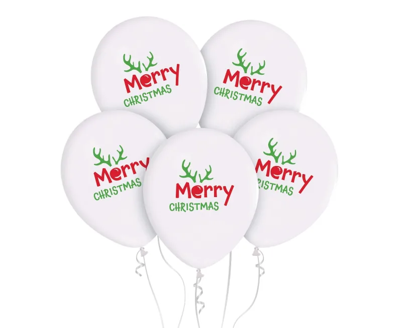 Λάτεξ Mπαλόνια Άσπρα Merry Christmas Ταρανδάκι (5 τεμ)