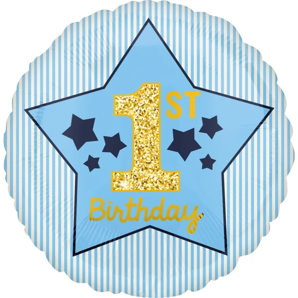 18" Μπαλόνι 1st Birthday Boy αστέρια μπλε &amp; χρυσό